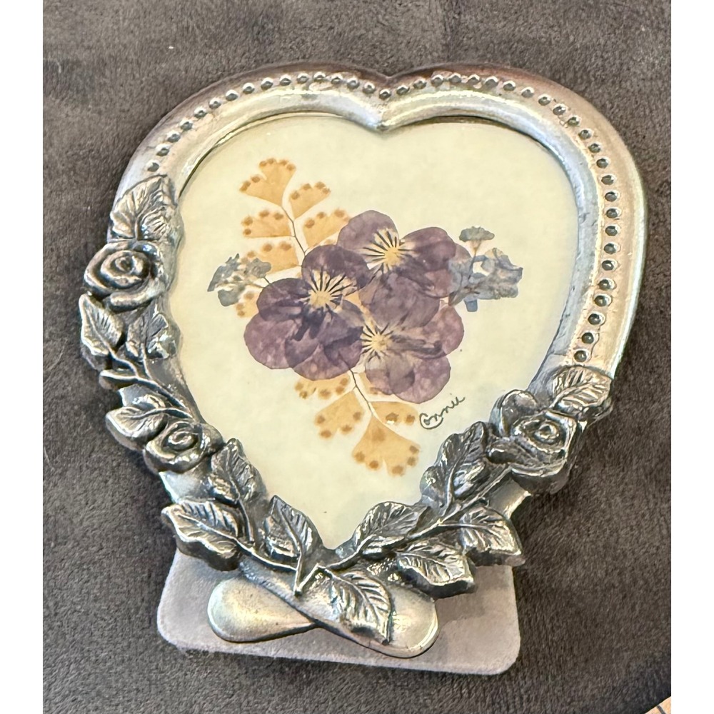 Creations by Connie 4 Inch Picture Frame Silver Heart Pressed Flower Pansies